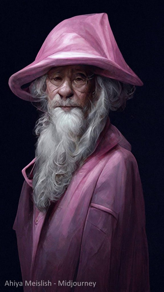Dumbledore in pink, by Ahiya Meislish, using Midjourney