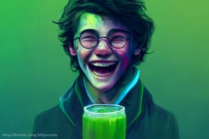 Harry Potter drinking Comed-Tea, by Ahiya Meislish, using Midjourney